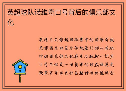 英超球队诺维奇口号背后的俱乐部文化